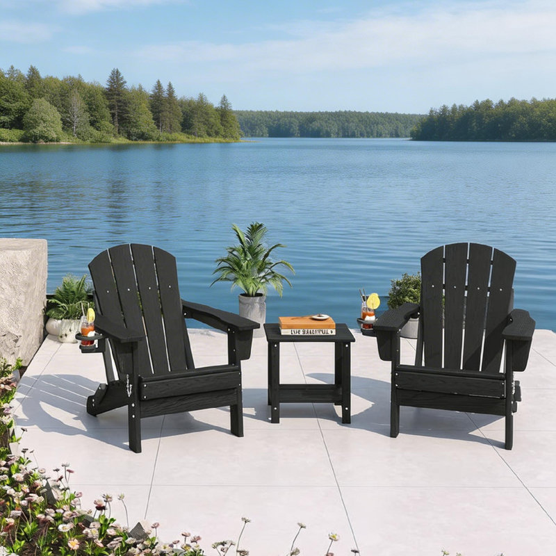 Folding Adirondack Chair Set of 2, with Cup Holder, Black