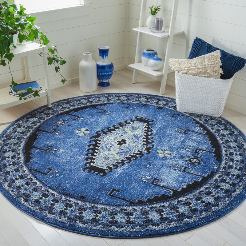 Tapis bleu / noir Southwestern, Rond 6 pi 7 po
