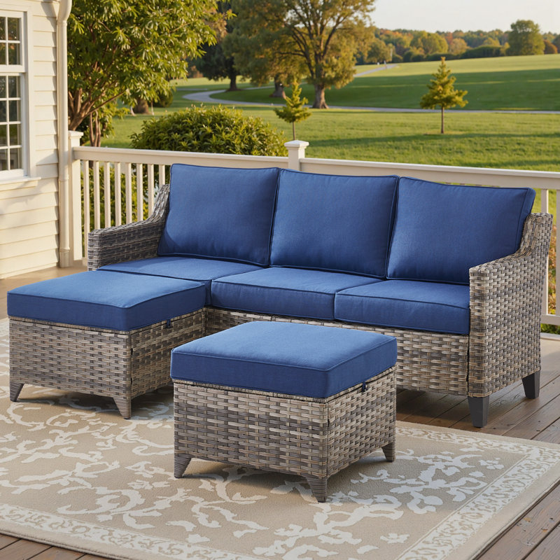 5 - Person Outdoor Wicker Patio Conversation Furniture Sofa Set With Ottomans, 2 Pieces:Sofa, Ottoman, Blue