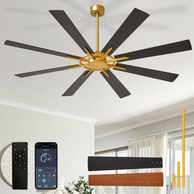 Grand ventilateur de plafond de 72 pouces, corps moderne en laiton à 8 pales et ventilateurs extérieurs noirs / bois avec télécommande pour application, minuterie silencieuse réversible à 6 vitesses à moteur à courant continu (sans ampoule)