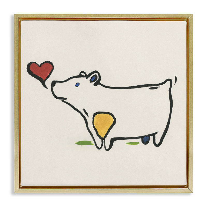 «Bear & Heart Doodle», art mural encadré flottant par June Erica Vess, Cadre flottant métallique doré, H 18 po x l 18 po