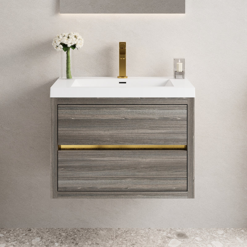 Meuble-lavabo de 30 po avec lavabo. Armoire flottante gris cendré en forme de U. Pré-assemblé pour une installation simple. Comptoir en résine de qualité en pierre. Fonctionnalité de tiroir à fermeture silencieuse. - Coquille en bois.