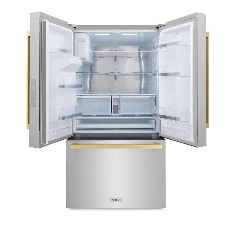 Zline Autograph Edition 36 In. 28.9 Cu. Ft. Standard-depth French Door External Water Dispenser Refrigerator With Dual Ice Maker In Fingerprint Resistant Stainless Steel And Champagne Bronze Square Handles