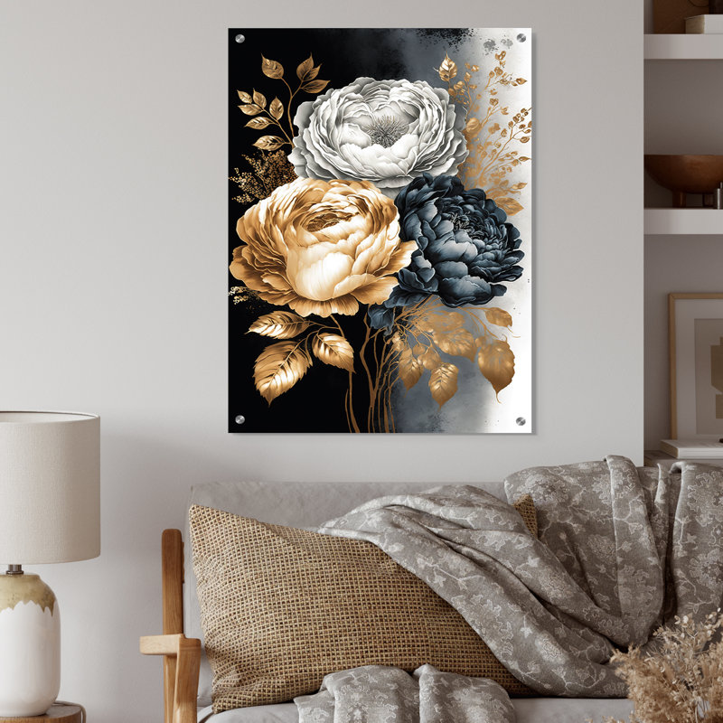Blanc, or et noir, bouquet de roses I - Art mural acrylique rose, H 20 po x l 12 po
