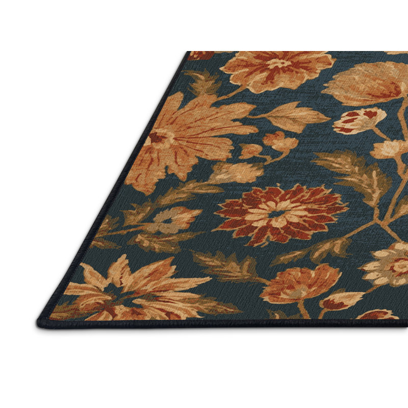 Tapis noir botanique lavable à la machine, Rectangle 8 pi x 10 pi