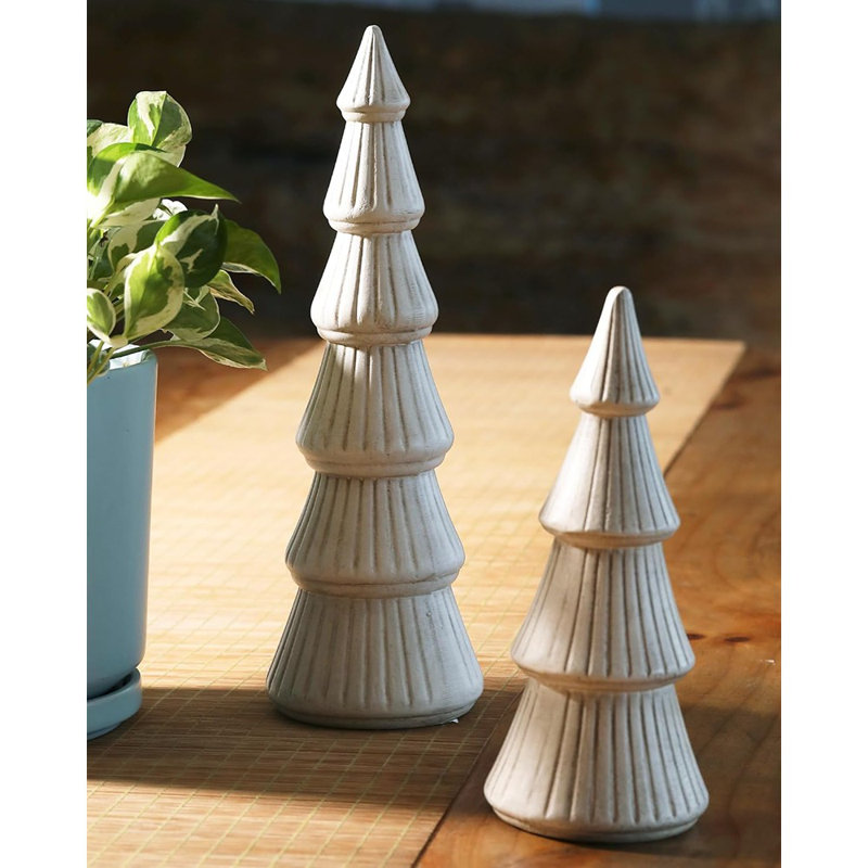 Figurines d'arbre de Noël en bois - blanc - ensemble de 2 petits arbres de table vieillis pour manteau de cheminée rétro