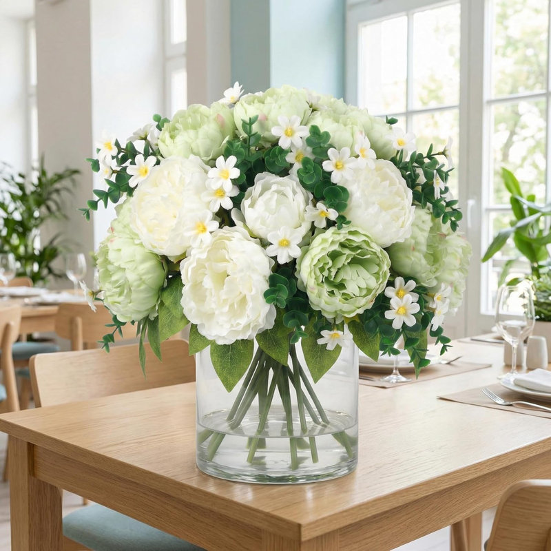 Silk Peonies in Glass Vase with Faux Water: Real Touch Table Centerpiece Decor, White
