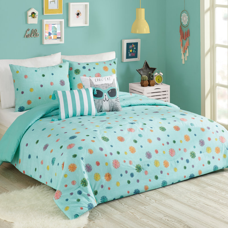 Raining Pom Poms Turquoise Comforter Set with 2 Decorative Pillows, Queen