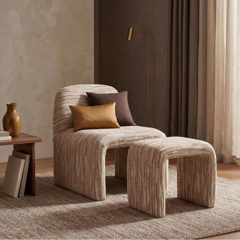 Fauteuil d'appoint contemporain avec repose-pieds, Lin brun