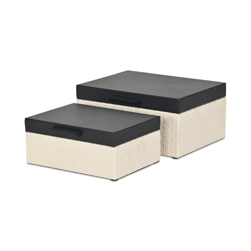 Ensemble de 2 boîtes Ellaran noires à motif chagrin et osier crème