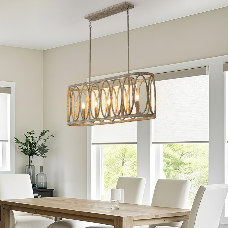 Rustic Metal Oval - Ring 5 - Light Kitchen Island Linear Chandelier, Aged Gray-Blue