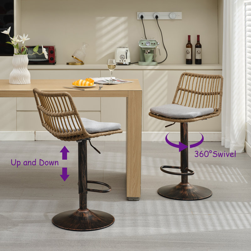 Modern Fabric Upholstered Height Adjustable Rattan Swivel Barstools With Vintage Round Base, Set Of 2