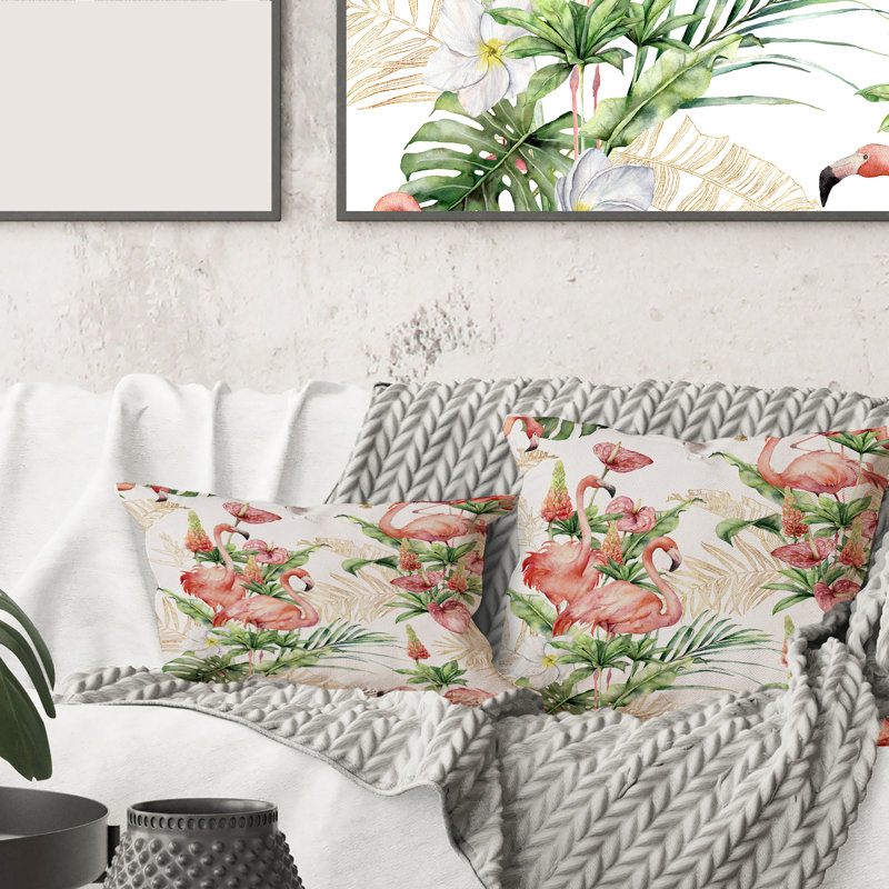 Housse de coussin rectangulaire et flamants roses avec fleurs tropicales et feuilles