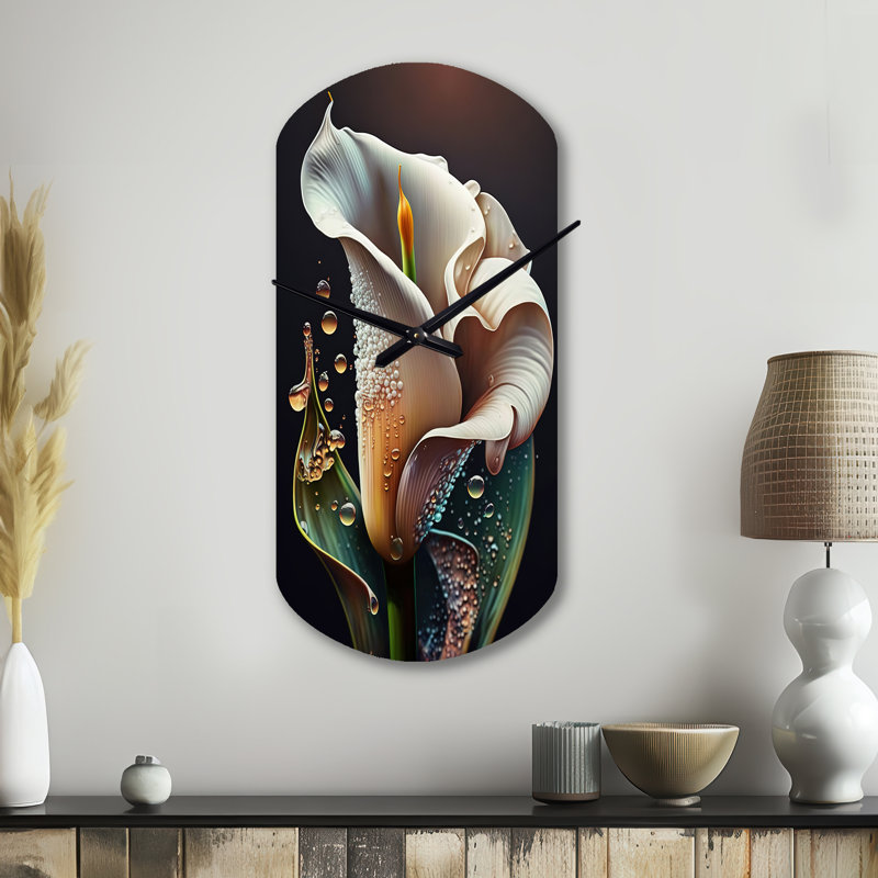 Horloge murale asymétrique «Sisag Gren and White Calla Lily Flower II - Lily», horloge murale cylindrique verte, Grand