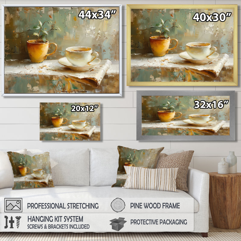 Tasse de café blanche et beige blanche - Art mural café, H 12 po x l 20 po, Cadre flottant brun