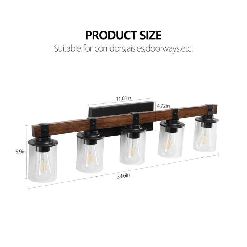 Applique murale de salle de bain 35 lumières rustique 35 po avec abat-jour en verre et accent de bois, luminaire campagnard moderne