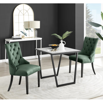 Industrial Design White & Grey Marble Effect Melamine Dining Table Set with 2 Button Velvet Chairs