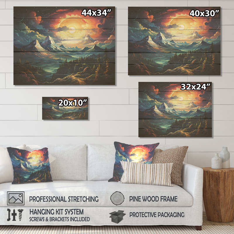 «Dreamy Mountain Scenery At Night II», paysage d'hiver sur bois, H 10 po x l 20 po x P 0,78 po