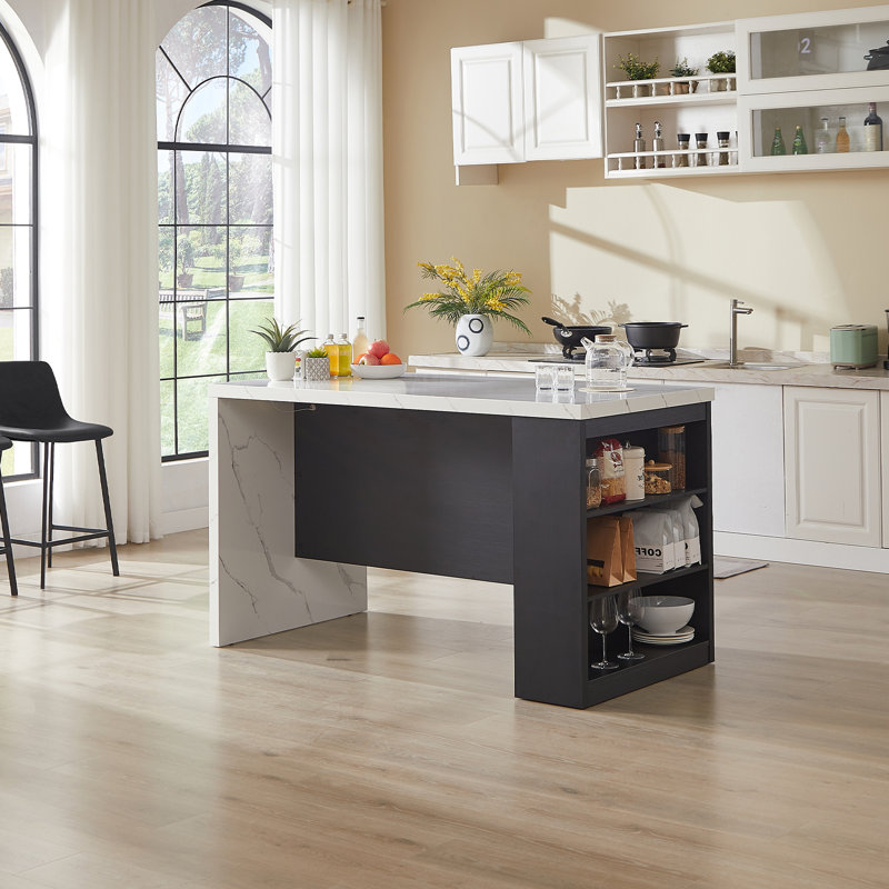 Îlot de cuisine l 61 po avec plateau en faux marbre et prises de courant, Noir