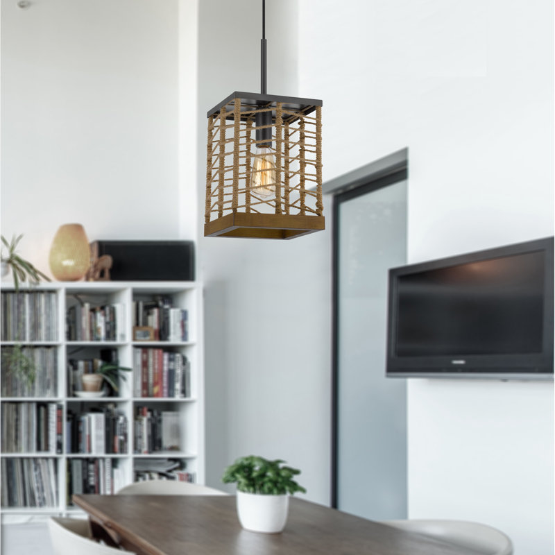 Suspension carrée en métal Winfall 60 W avec bordure inférieure en bois de bouleau et abat-jour en corde de jute