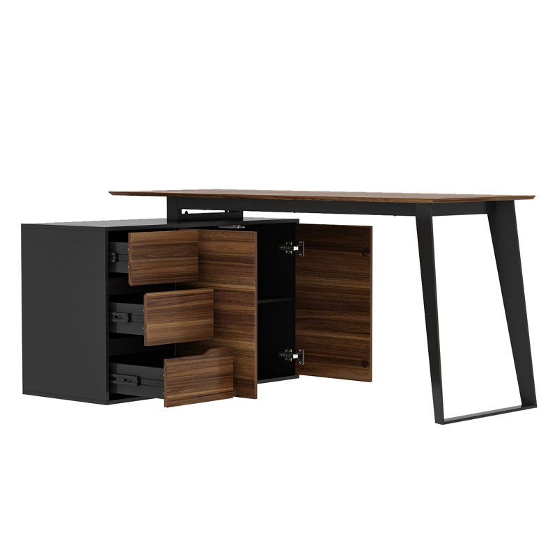 Contemporary L-Shaped Desk With Storage Cabinet And Wide Workspace - Natural Wood And Black/White Finish, Black