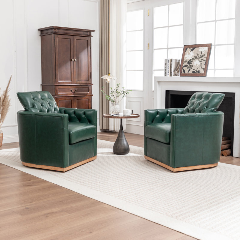 Azib 31'' Wide Genuine Leather Top Grain Leather Swivel Armchair, Green