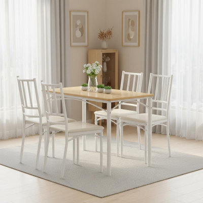 Modern Dining Table Set for 4, 5-Piece Bar Table Set, Kitchen Table and Chairs, Light Wood Tabletop with Metal Base & Upholstered Dining Chairs, Conte