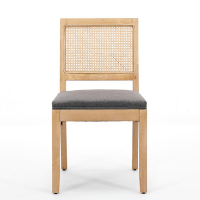 Style Gray Dining Chairs Of 2, Mid Century Modern With Cane Square Back, Natural Hardwood Frame, Breathable For Kitchen, Restaurant And Commercial Spaces, Linen Upholstery Home Office,
