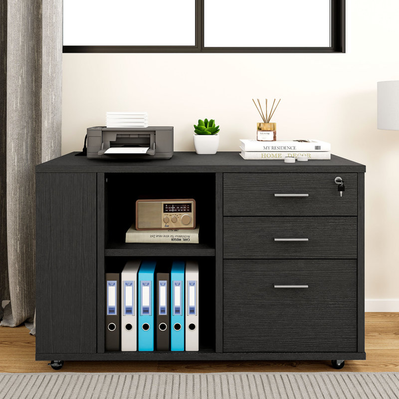 Ardeha 39" W 3-Tiers Wood Storage File Cabinet with 3 Drawers &3 Side Storage Shelve &Built-In Outlet, Rustic Brown