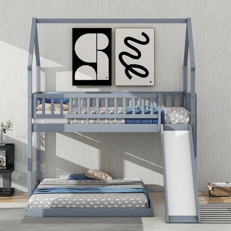Lit superposé simple au-dessus d'une chambre double avec glissade et échelle intégrée, gris