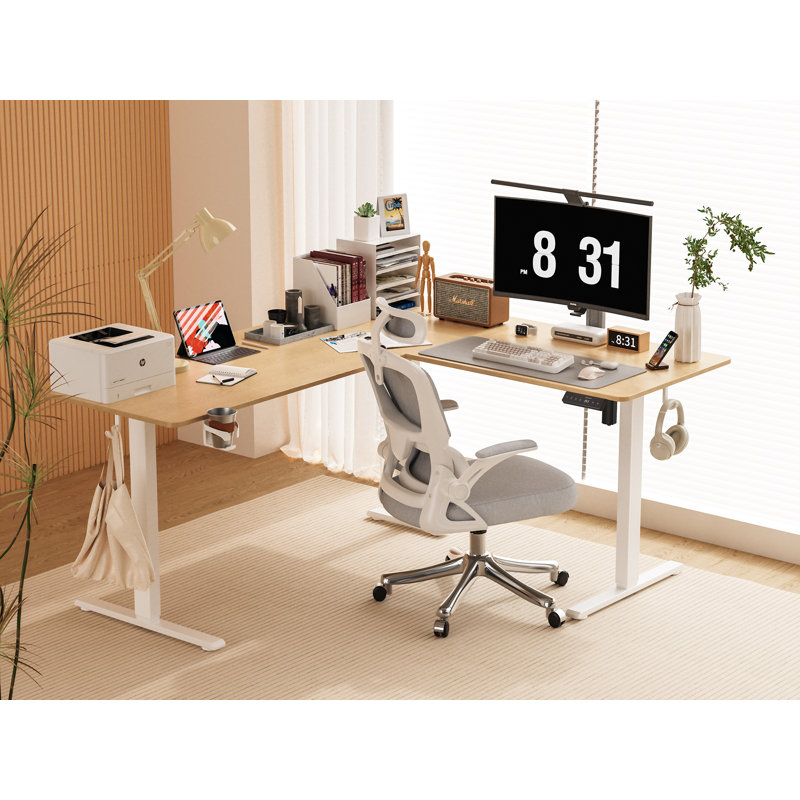 75" Reversible L Shaped Standing Desk, Height Adjustable with Cup Holder, Electric Corner Computer Workstation, Sit Stand up Home Office, Ergonomic Gaming, Oak