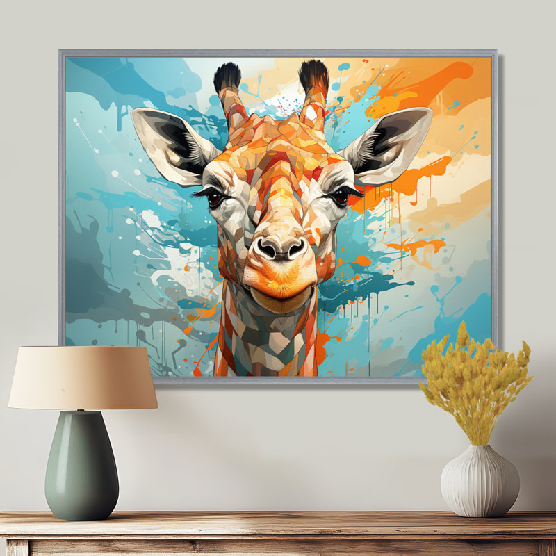 Kristyne Giraffe Elegant Geometric - Girafe, art mural, 34" H x 44" W, Encadrement argenté