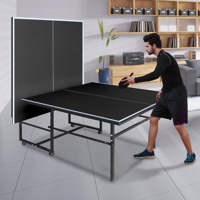 Table de ping-pong pliable et portable de taille moyenne (2,74 m x 1,25 m) avec filet, 2 raquettes et 3 balles - 274 x 152 x 76 cm - MDF - 1 pièce - Noir - Pliable et portable