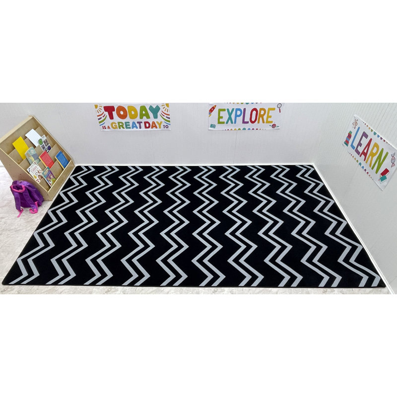 KidCarpet Chevron Kids Nylon Area Rug, 6' x 8'6" Black/Gray Educational Rug for Home or School Learning Area | Area Rug for Kids