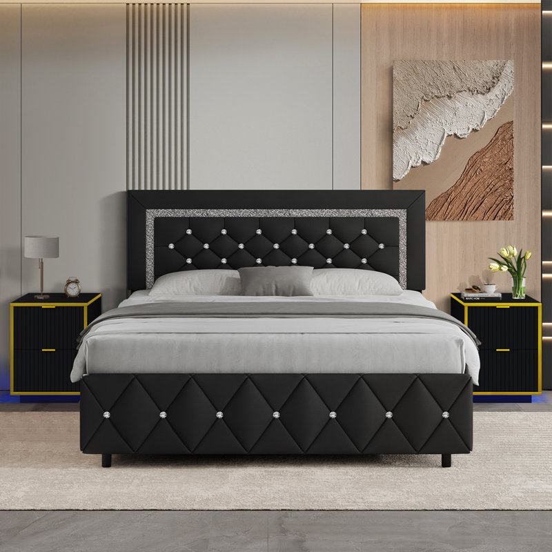 3 PC Faux Leather Diamond Tufted Platform Bed Set ,Bed Frame With Set Of 2 Modern Led End Table., Full, Black