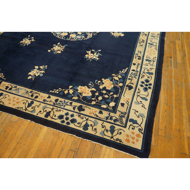 Wool Rectangle Blue Hand Knotted Pile 1920s Antique Chinese Rug