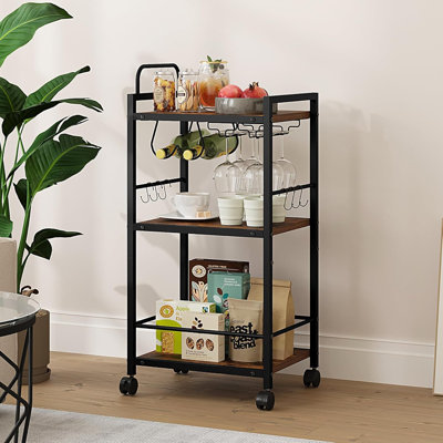 Compact Black Metal Bar Cart - Stylish Storage For Small Spaces, Wine & Glass Holder