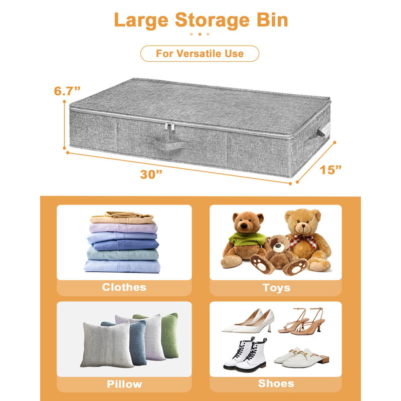 Contenant de rangement robuste sous le lit de 6,7 po de hauteur avec couvercle, paquet de 2, gris | Sac de rangement pour vêtements empilable avec côté et fond rigides, pour les couvertures, la literie et les chaussures, le placard, le dortoir et l'organisation de la chambre à coucher