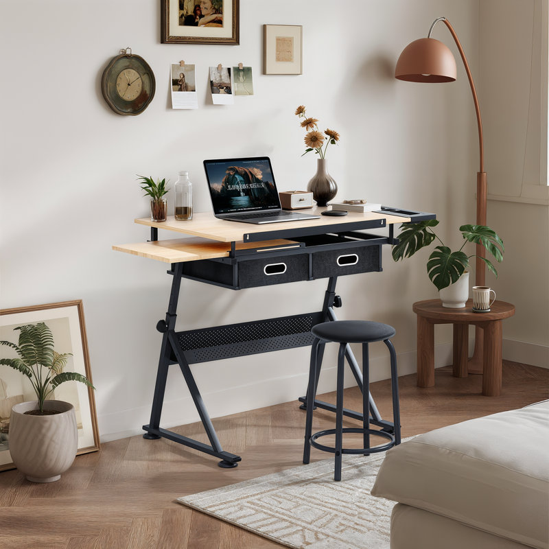 Craft and Drawing Table Workstation with Stool, Drafting Table with Slide-Out Tabletop and Drawers