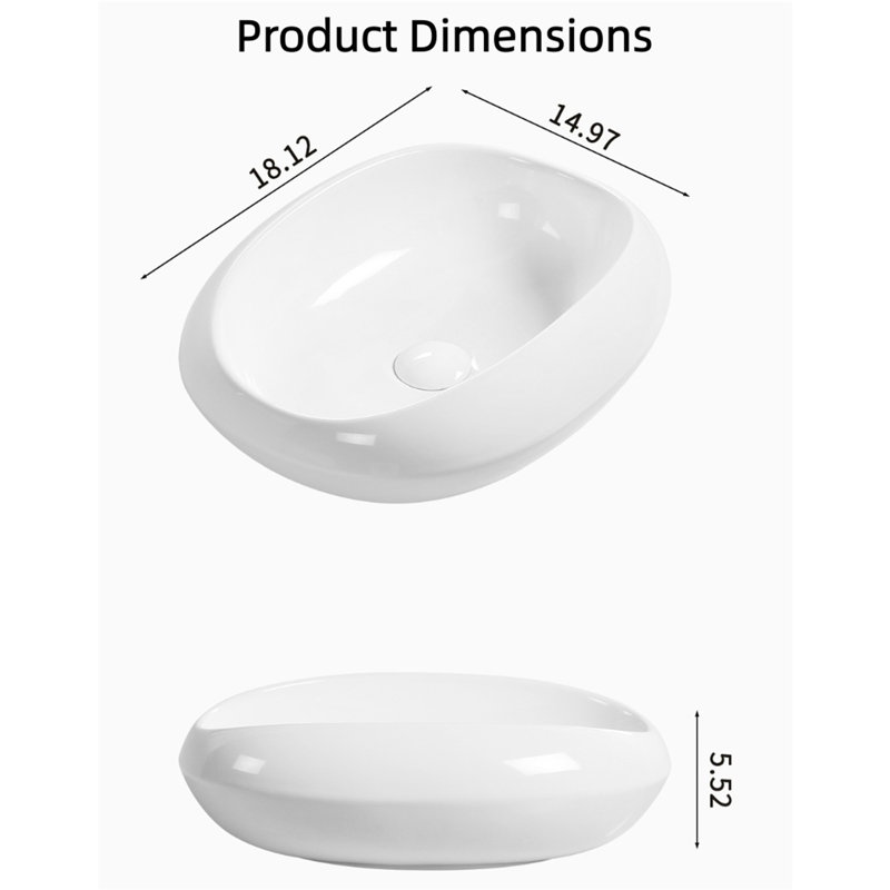【Modern Oval Ceramic Vessel Sink】– Shatterproof & Crack-Resistant, No Faucet Hole, 5.5" Height For Small Countertops (Gloss Finish With Drain, 18.1"×15")