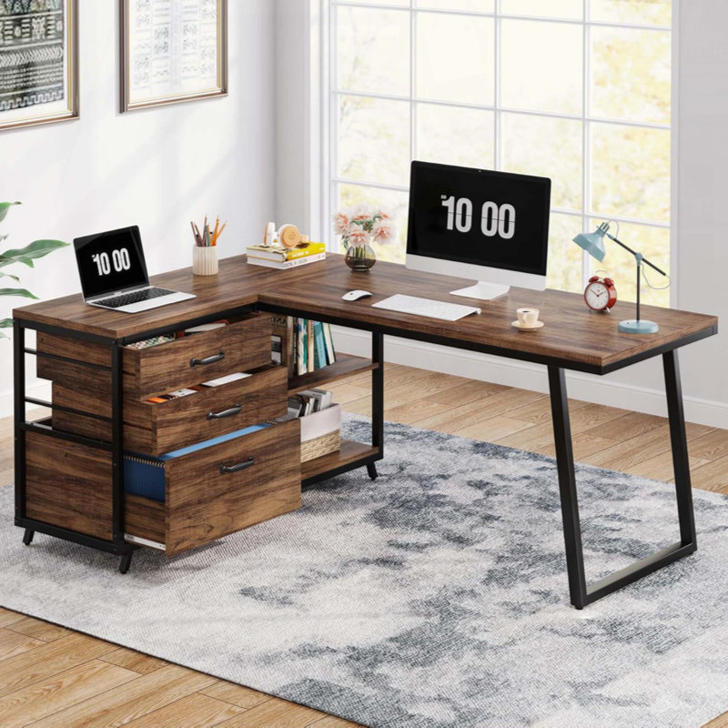 Shaped Computer Desk With 3 Drawers & Storage Shelves, Reversible Corner Desk for Home Office, Brown/Black