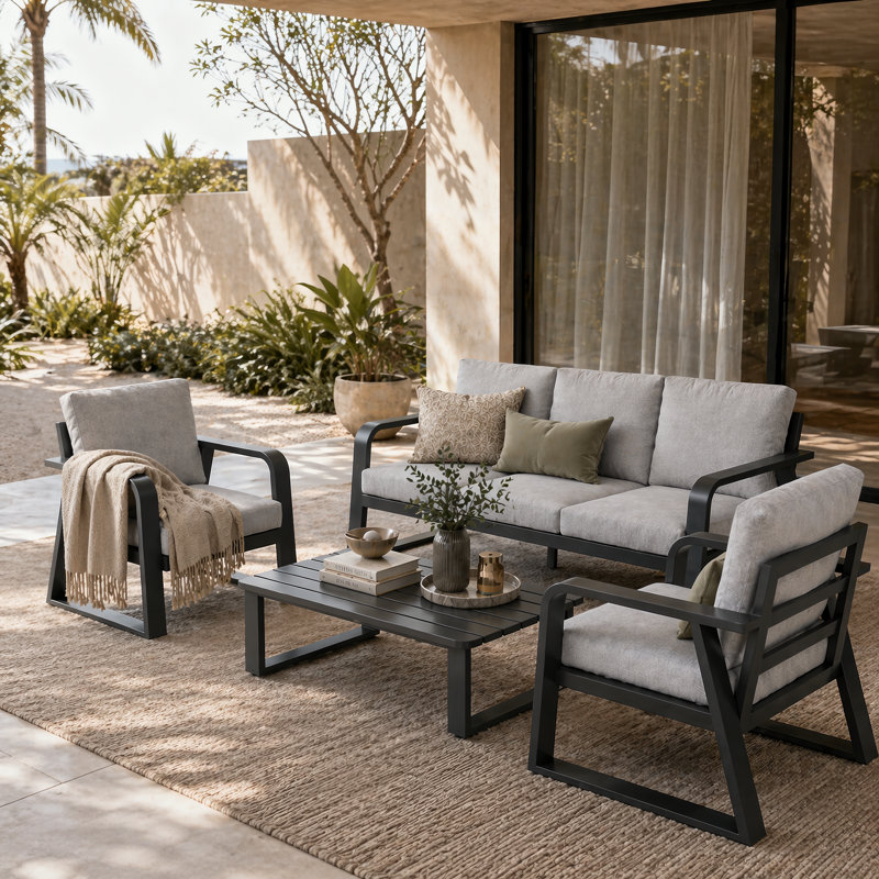 Ensemble de meubles d'extérieur en aluminium avec canapé, chaises, table basse et coussins