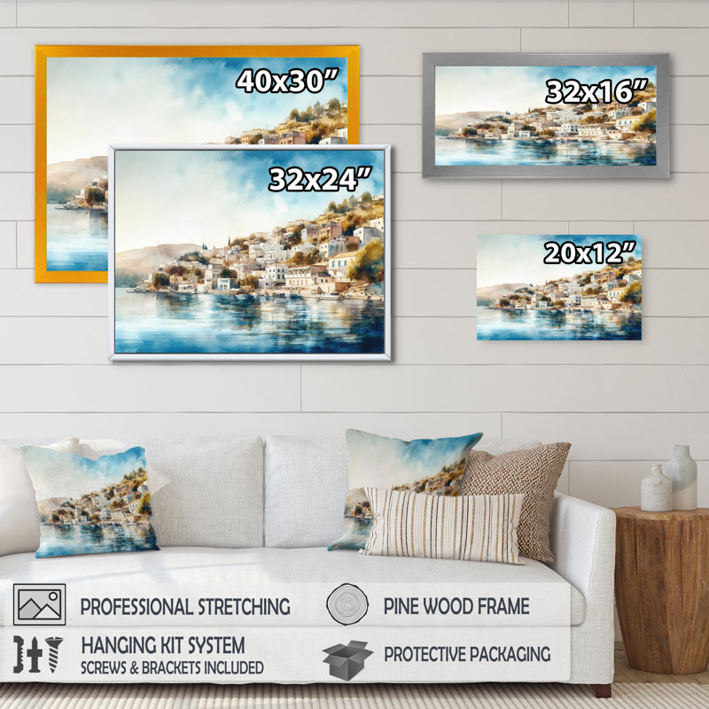 «Blue Mediterranean Seaside Charm», reproduction sur toile, H 12 po x l 20 po x P 1 po, Encadrement argenté