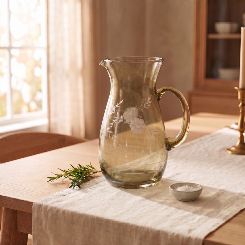 Etched Botanical Glass Pitcher