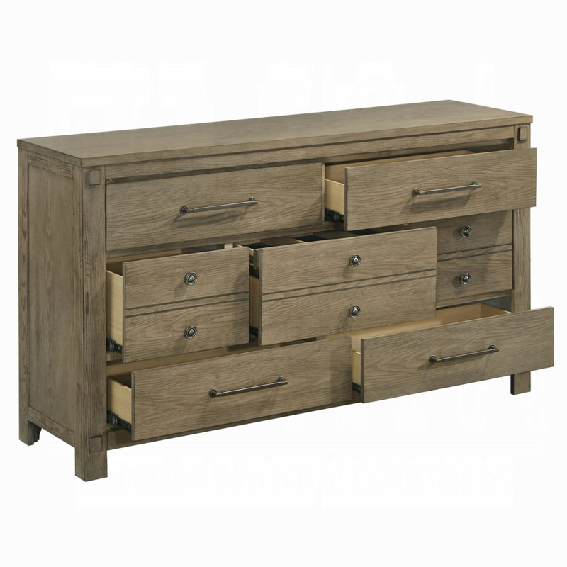 Grande commode Cera, 7 tiroirs, poignées bronze, bois de chêne blanc antique