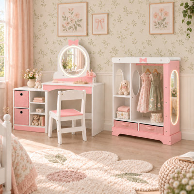 34" Wide Kids Armoire and 2 In 1 Toddler Makeup Vanity Table Chair Set of 2 -Pink