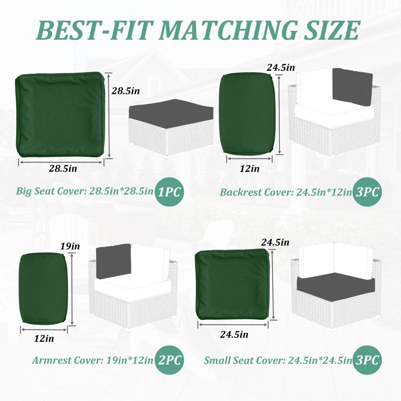 9-Piece Outdoor Cushion Cover Set (Set Of 3 Seats , 5 Backs, 1 Footrest)， Only Covers, Green