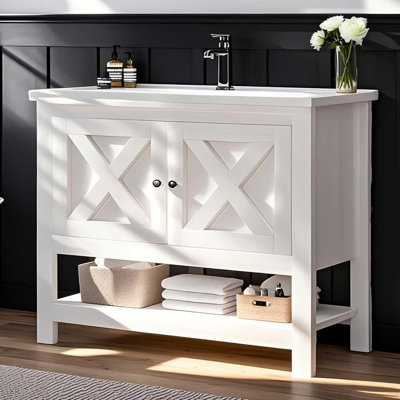 35" Farmhouse Bathroom Freestanding Vanity,with Ceramic Sink and Open Shelf