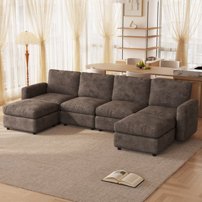 297cm Wide 6 Seater Modular Sofa with Storage Ottoman in Brown 