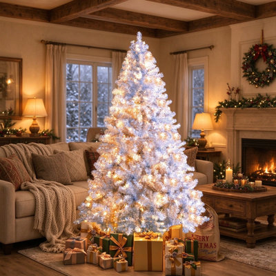 Sapin de Noël artificiel argenté de 1,80 m, pré-illuminé, branches articulées avec support en métal, 800 extrémités de branches, 300 lumières DEL, 11 modes d'éclairage, décoration de Noël pour l'intérieur et l'extérieur.